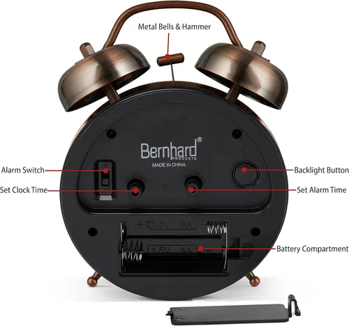 Miniatura 6 de Bernhard Products Reloj despertador analógico de doble campana retro de metal cobre de 4 pulgadas, cuarzo extra fuerte, funciona