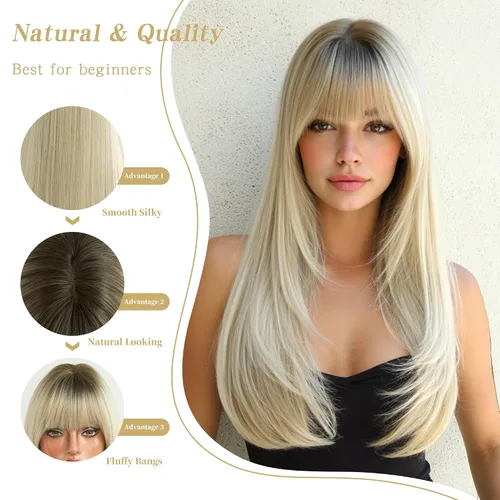 Miniatura 2 de PARK YUN 27IN Cool Ash Platinum Blonde Straight Wig with Bangs Long Layered Synthetic Wig Shadow Root Light Beige Blonde Hair Heat Resistant Natural
