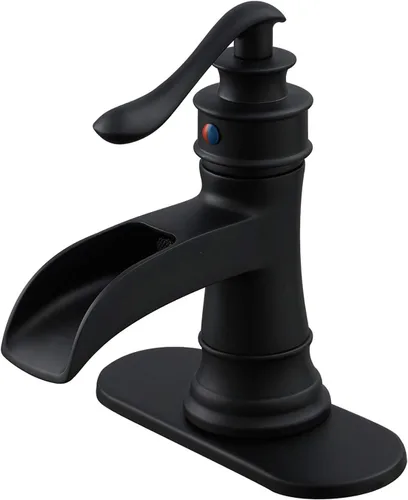BWE - Grifo de baño negro mate con cascada para lavabo, estilo granja, para tocador de baño, de un solo agujero, con una manija, mezclador de