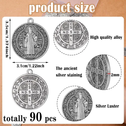 Miniatura 2 de Tudomro Medallas de San Benito 1.38 x 1.22 pulgadas, dije de metal de San Benito, tono plateado, protección contra el mal, regalo de Navidad