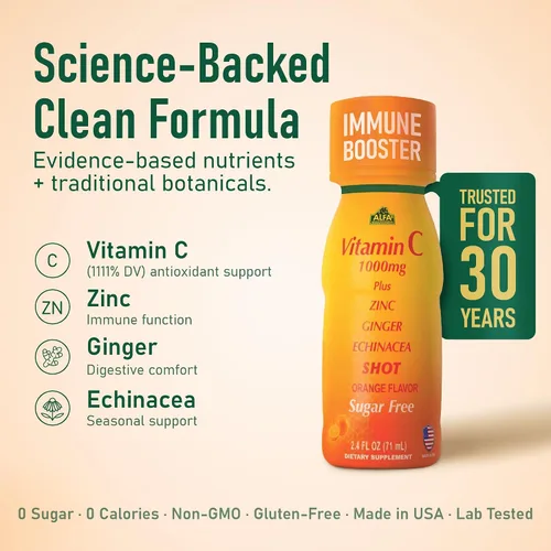 Miniatura 2 de ALFA VITAMINS Disparo de vitamina C de 1000 mg con zinc, jengibre y equinácea - Apoya la salud inmunológica y el bienestar diario - Sabor naranja
