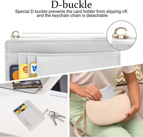 Miniatura 60 de URAQT Cartera para tarjetas de crédito, cartera minimalista de cuero delgado con cremallera, mini protector de tarjeta de crédito, llavero bolsillo
