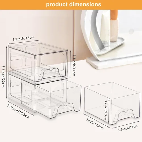 Miniatura 3 de Juego de 4 cajones organizadores de maquillaje apilables, organizadores de plástico transparente para suministros de belleza, ideal para tocador