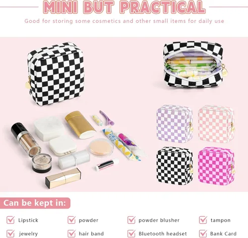 Miniatura 3 de Bolsa de maquillaje pequeña de 5.1 x 5.1 pulgadas para monedero, material flocado, mini bolsa de maquillaje de viaje con dos bolsillos internos