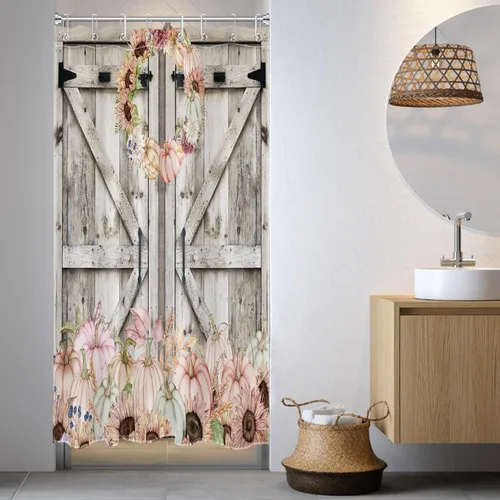 Miniatura 21 de Cortina de ducha con puerta de granero occidental para baño, lavanda púrpura y verde corona de eucalipto en tableros de madera rústica, cortina