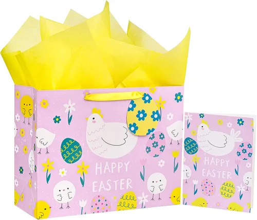 MAYPLUSS Bolsa de regalo grande de Pascua de 13 pulgadas con tarjeta de felicitación y papel de seda, pollos rosados, letras de Pascua, bolsa de
