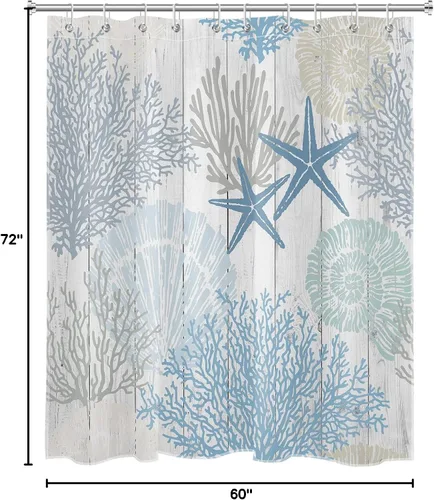 Miniatura 8 de Cortina de ducha náutica de coral, conchas marinas y estrellas de mar en tableros de madera rústica, cortina de ducha con ganchos, juego de cortinas