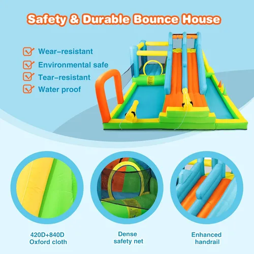 Miniatura 3 de JOYLDIAS Tobogán acuático inflable, casa de rebote gigante de parque acuático con 2 toboganes largos, piscina de chapoteo, trampoline, pared