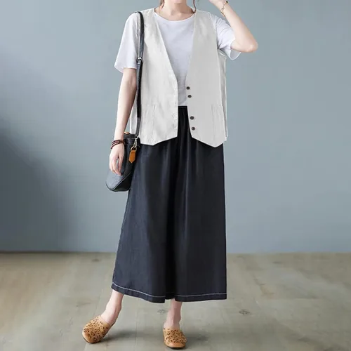 Miniatura 17 de COTECRAM Chaleco de lino de algodón para mujer, casual, sin mangas, con botones, ligero, para verano, holgado, ropa de abrigo