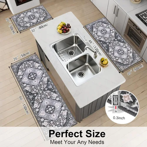 Miniatura 2 de HEBE - Juego de 3 alfombras de cocina de granja, antideslizantes, lavables, tapetes de cocina bohemios para suelo, alfombra de cocina, alfombra