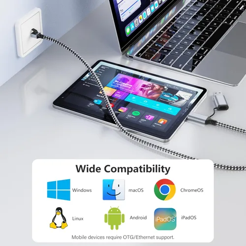 Miniatura 8 de Jadaol Cable USB-C/USB-A a Ethernet de 3 pies, adaptador USB-A integrado, LAN Gigabit RJ45 de hasta 1 Gbps, Plug & Play para la mayoría
