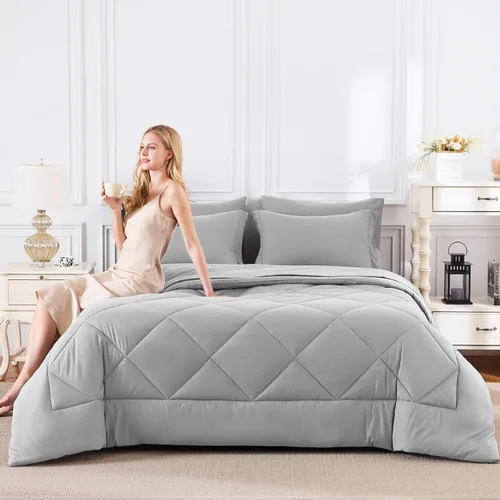 Miniatura 7 de CozyLux Juego de edredón de tamaño matrimonial, gris claro, toda la ropa de cama en una sola bolsa, 7 piezas: edredón, fundas de almohada