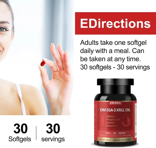 Miniatura 7 de Aceite de krill antártico – Aceite de krill omega 3 capturado en la naturaleza, 500 mg con EPA, DHA, astaxantina y fosfolípidos – Cerebro, corazón