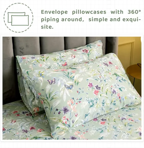 Miniatura 4 de QSH Juego de sábanas tamaño King con estampado floral - Estampado botánico de flores verdes, pájaros y mariposas, ropa de cama de algodón egipcio