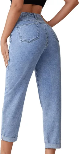 Miniatura 2 de SweatyRocks Pantalones de mezclilla de cintura alta enrollables y cónicos para mujer