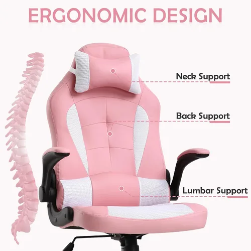 Miniatura 5 de Silla de juegos con reposacabezas y soporte lumbar, grande y alta, altura ajustable, silla ergonómica para juegos de PC en piel sintética Rosa
