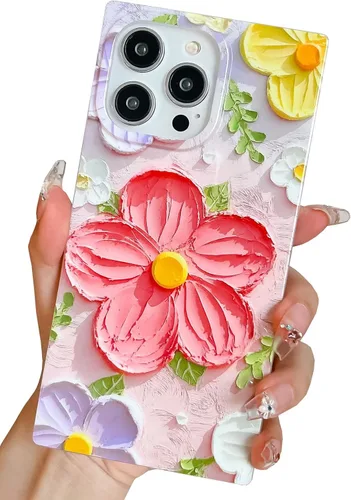 Miniatura 14 de Funda compatible con iPhone 13, borde rectangular, bonita funda protectora de lujo con diseño de flores al óleo para mujeres y niñas, funda