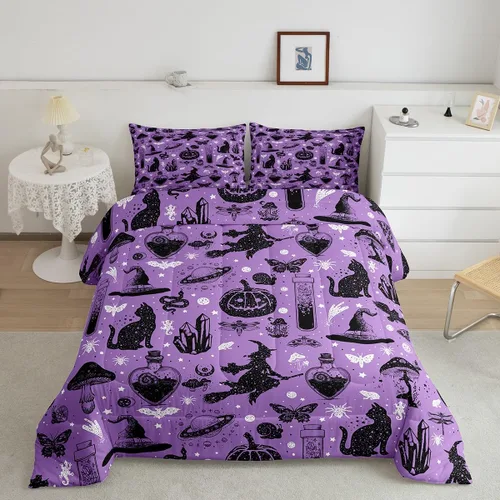 Miniatura 2 de Juego de edredón de Halloween, ropa de cama individual con diseño de calabaza y gato para niñas y niños, juego de ropa de cama de poción mágica