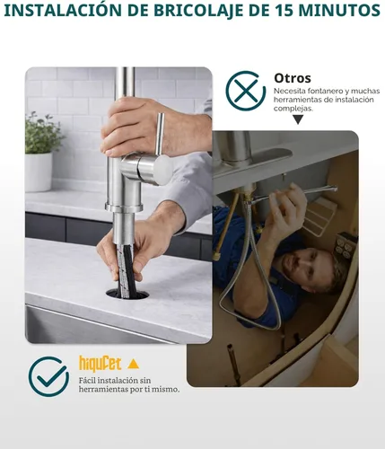 Miniatura 7 de Hiqufet Grifo de cocina con rociador extraíble, grifo de fregadero de cocina de arco alto de una sola manija, grifos modernos de acero inoxidable