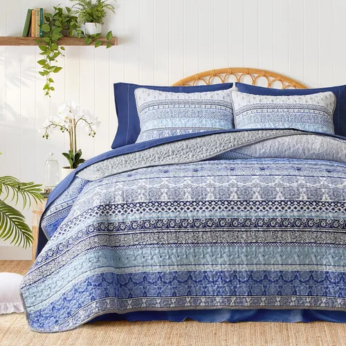 Tititada Juego de edredón de 3 piezas de tamaño king, bohemio y colorido, azul y gris con rayas estilo boho, juego de edredón estampado para verano,