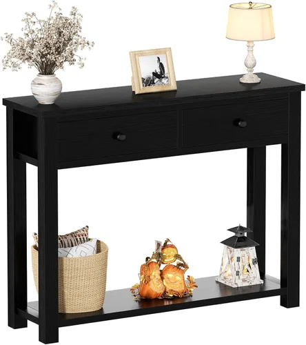 Miniatura 12 de Homieasy Mesa consola de granja con 3 cajones, mesa de sofá de madera de 47 pulgadas con estante de almacenamiento para sala de estar, detrás