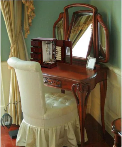 Miniatura 6 de RR ROUND RICH DESIGN Joyero de madera maciza para maquillaje y organizador de anillos para mujer, con 4 cajones integrados, collar carrusel y espejo