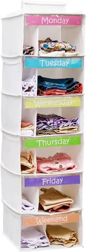 Houseables Organizador de ropa para niños, organizador semanal de ropa para niños, organizadores de atuendos, almacenamiento diario de ropa de Blanco