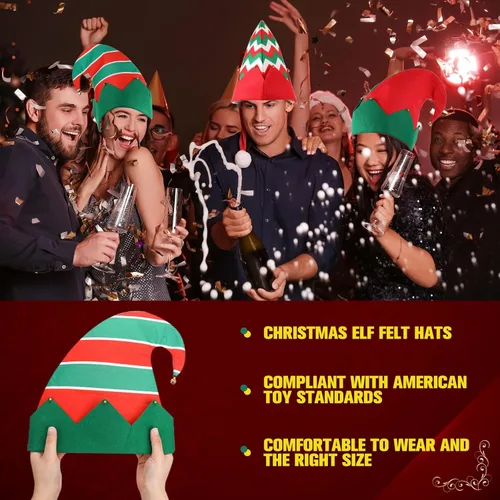 Miniatura 5 de Yaomiao 12 sombreros de fieltro de elfo de Navidad, sombreros de elfo verde y rojo a granel con campana, sombrero de Papá Noel para fiestas