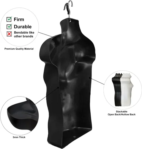 Miniatura 2 de Maniquí negro para hombre + mujer negra, forma de inyección, cintura media redondeada, cuerpo torso, forma de vestido con ganchos para colgar