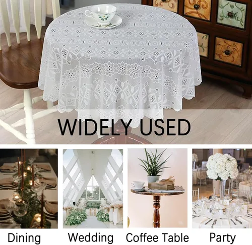 Miniatura 5 de Jeloris Mantel redondo de encaje blanco con patrón floral de 48 pulgadas, mantel de encaje bordado rústico para uso diario y bohemio