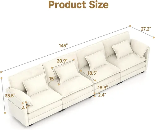 Miniatura 2 de Real Relax 145'' Sofá seccional modular, sofá convertible de 4 plazas con chenilla, 8 almohadas y 2 reposabrazos para sala de estar, oficina