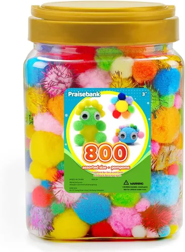 Praisebank Pompones multicolores, 800 piezas de tamaños variados, Pompones para artes y manualidades, Bolas de pompones en frasco, Pompones para