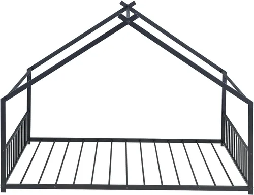 Miniatura 4 de P PURLOVE Marco de cama de tamaño matrimonial, marco de cama Montessori de metal para niños, marco de cama de casa para niños con techo, cabecero
