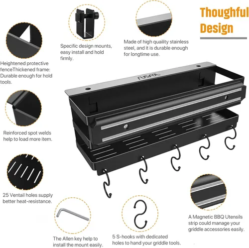 Miniatura 4 de Organizador de parrilla de acero inoxidable con tira magnética para utensilios de barbacoa para parrillas Blackstone de 28"/36", con una llave