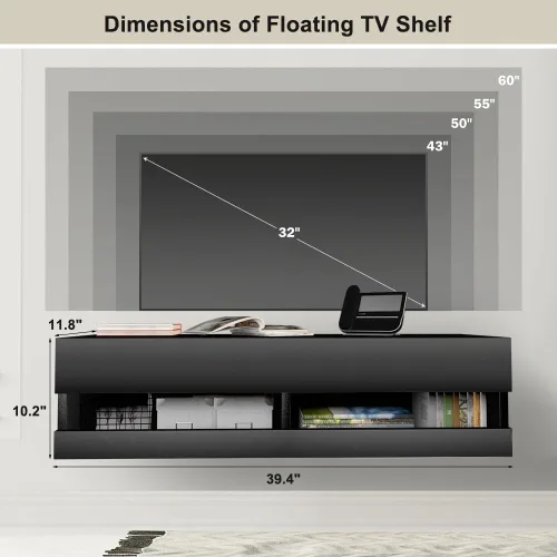 Miniatura 2 de Estante flotante de TV montado en la pared, centro de entretenimiento flotante debajo del estante de TV, consola multimedia flotante
