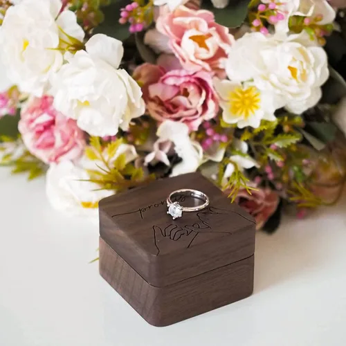 Miniatura 5 de Caja de anillo de madera de compromiso, caja de anillo rústica de doble ranura, caja de almacenamiento de joyas cuadrada de madera maciza, caja