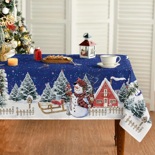 Miniatura 10 de Horaldaily Mantel de Navidad rectangular de 52 x 70 pulgadas, casa de muñeco de nieve de invierno, árboles de Navidad, color negro, lavable