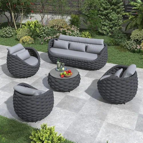 Miniatura 33 de Juego de muebles de patio de cuerda de 4 piezas: conjunto de sofás al aire libre de aluminio acolchado - sofá de conversación moderno ensamblado