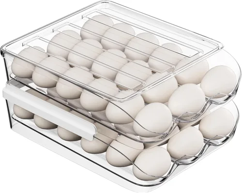 Miniatura 8 de Soporte para huevos para nevera, organizador automático de huevos con ruedas para refrigerador, contenedor apilable transparente para almacenamiento