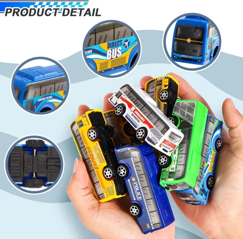 Miniatura 3 de Juego de 16 piezas de vehículos de autobús urbano con tracción trasera, mini autos para niños pequeños, vehículos de carreras impulsados por