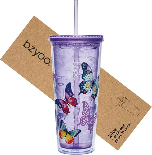 Miniatura 16 de bzyoo SIP - Vaso de plástico de doble pared de 24 onzas (710ml) con tapa y pajita, taza de viaje para bebidas frías reutilizable, café helado, taza