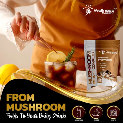 Miniatura 8 de WELLNESS LABSRX Polvo de hongos, suplemento de hongos 25 en 1, 2000 mg, 25 superalimentos en polvo de melena de leones con chaga, shiitake