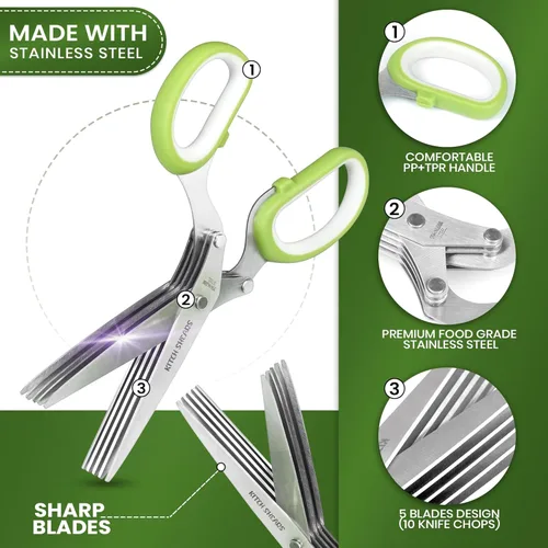 Miniatura 2 de KitchShears - Tijeras de hierbas con 5 cuchillas y cubierta, cortador de hierbas de acero inoxidable de alta calidad para hierbas de cocina y Verde