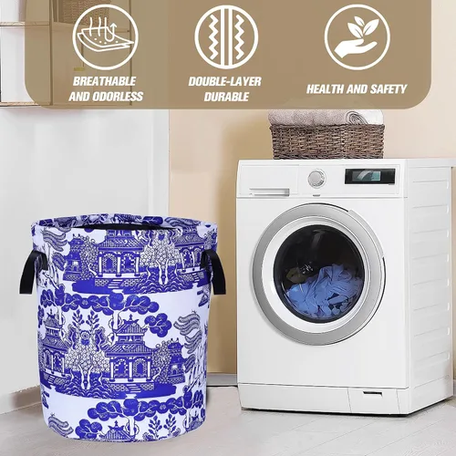 Miniatura 7 de Cesta de lavandería de porcelana blanca y azul chinoiserie, plegable, de tela Oxford, divertida bolsa de lavandería, cesta de almacenamiento