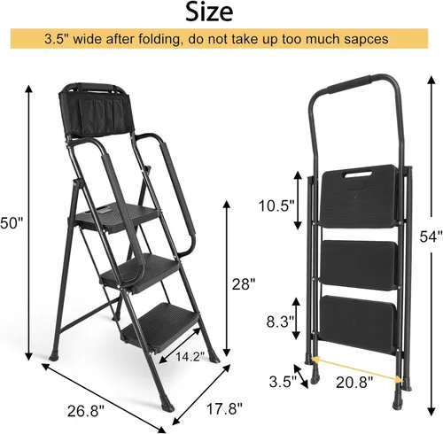 Miniatura 7 de Escalera de 3 escalones con pasamanos de seguridad, taburete plegable resistente con pedales anchos antideslizantes y pies, capacidad de 500 libras