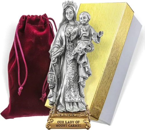 Miniatura 3 de Nuestra Señora del Monte Carmelo Estatua de Santa Patrona de Peltre Fino sobre Base Dorada, fabricada en los Estados Unidos, 4-1/2