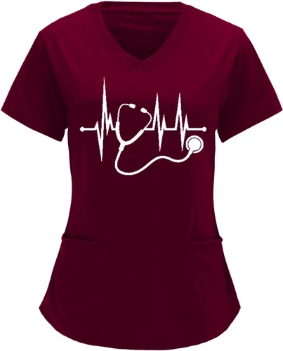 Camisetas médicas elásticas de manga corta con cuello en V para mujer, con bolsillo, holgada, estampado gráfico, blusa tipo túnica para vacaciones