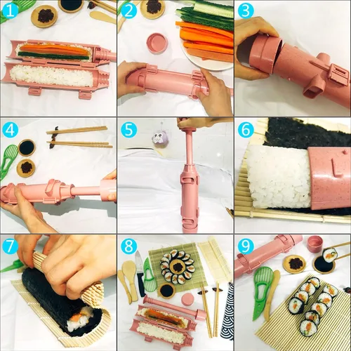 Miniatura 6 de Thanice Kit de fabricación de sushi, máquina de sushi contiene sushi bazuca/rodillo de sushi, alfombrilla de sushi, paleta, esparcidor, cuchillo