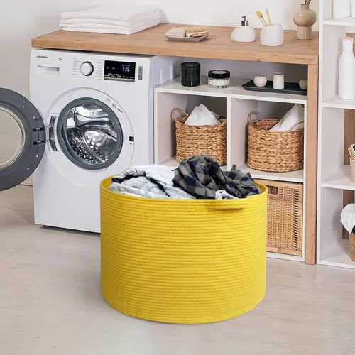 Miniatura 7 de MEGASKET Cesta amarilla extragrande, 22 x 22 x 14 pulgadas, cuerda de algodón, decoración amarilla para sala de estar, dormitorio, cesta tejida