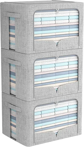 Miniatura 18 de FHSQX Paquete de 3 contenedores de almacenamiento de ropa, caja de almacenamiento plegable con marco de metal, juego organizador apilable de tela
